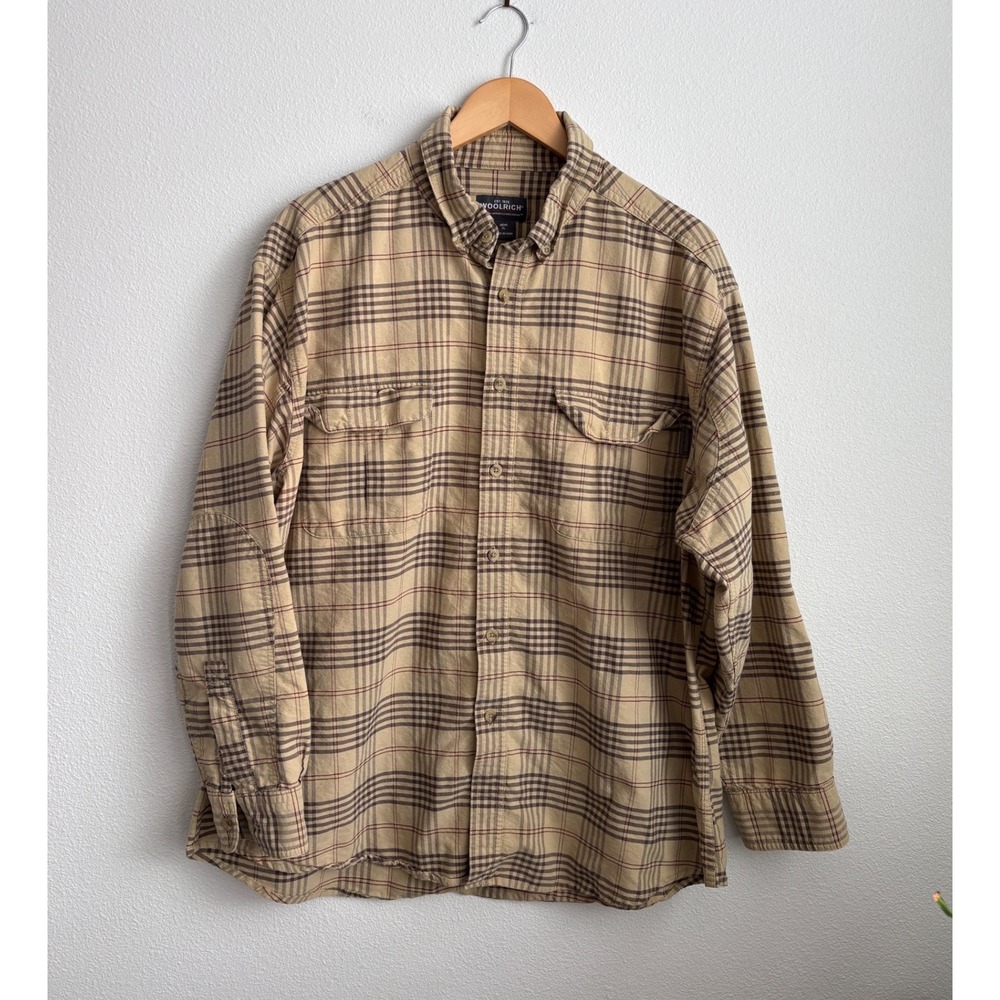 Woolrich Mens XL Barley Tan Plaid Button Down Shirt Cotton Elbow Patch